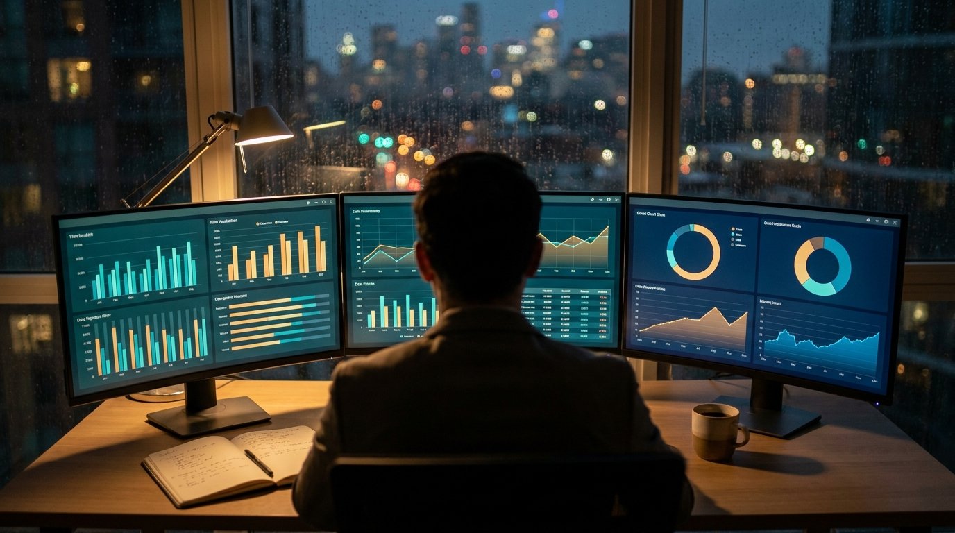 Analista al lavoro di sera davanti a tre schermi con grafici e dashboard