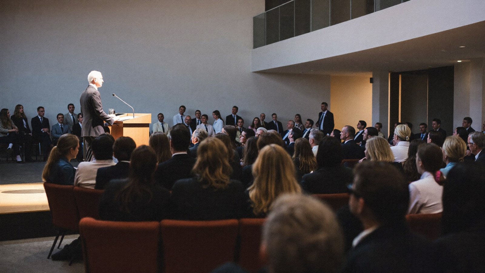 Relatore sul palco davanti a una platea di professionisti in un auditorium