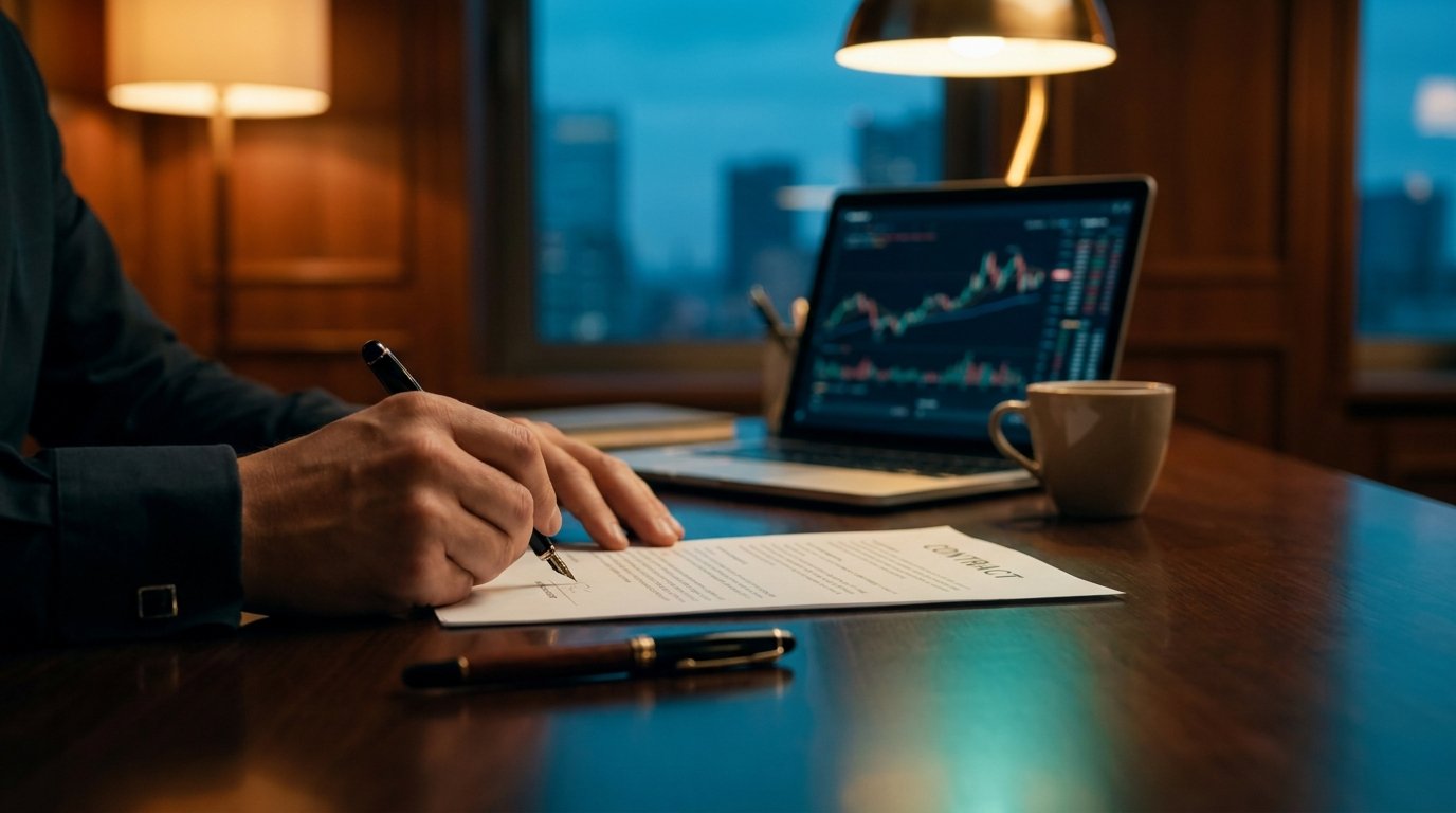 Firma di un contratto alla scrivania, con i grafici di mercato sul portatile