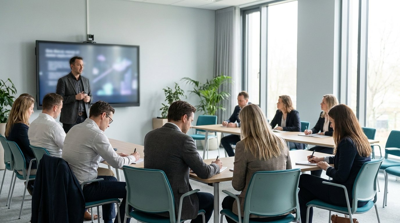Sessione formativa in aula con relatore e partecipanti che prendono appunti