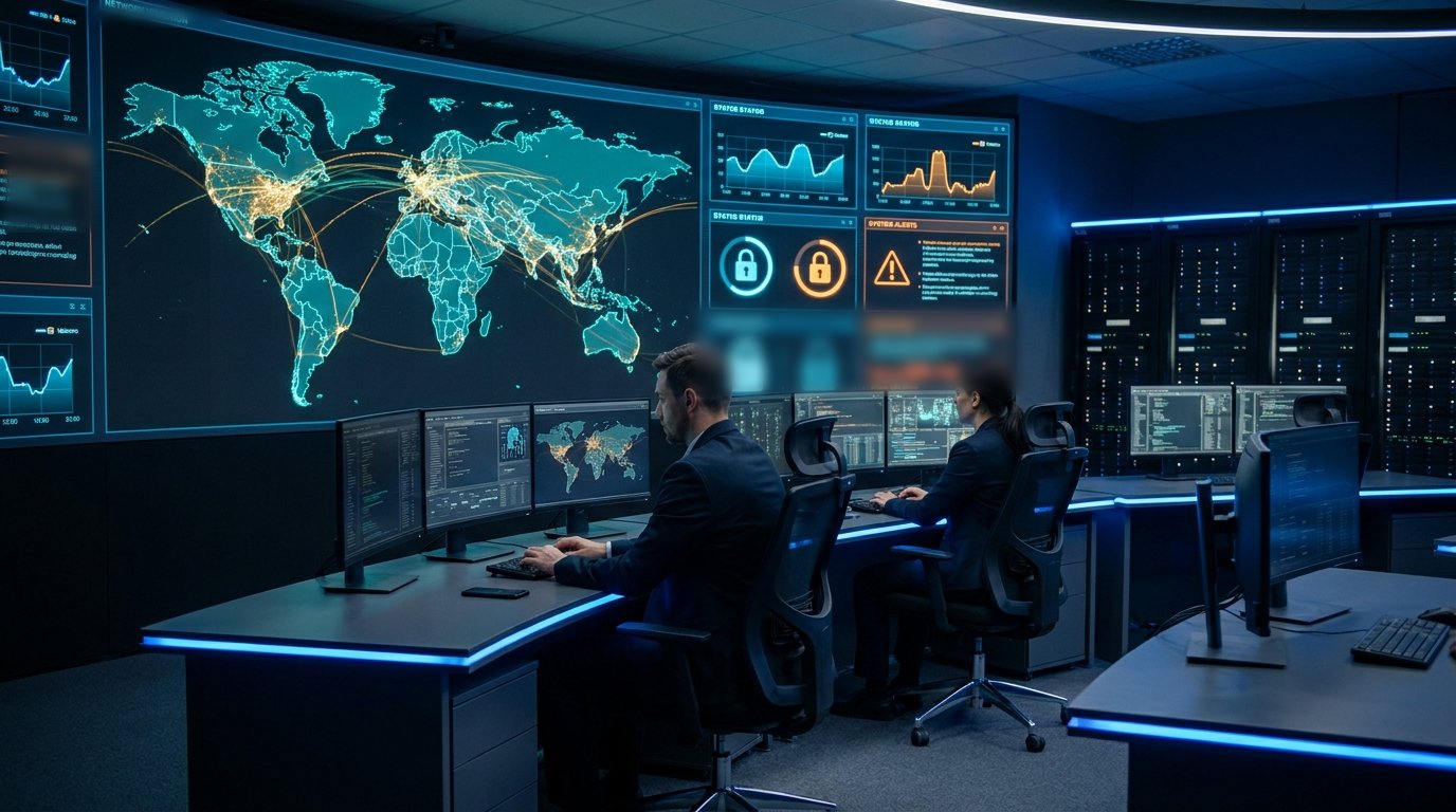 Sala di controllo con mappa delle connessioni globali e due operatori davanti ai monitor