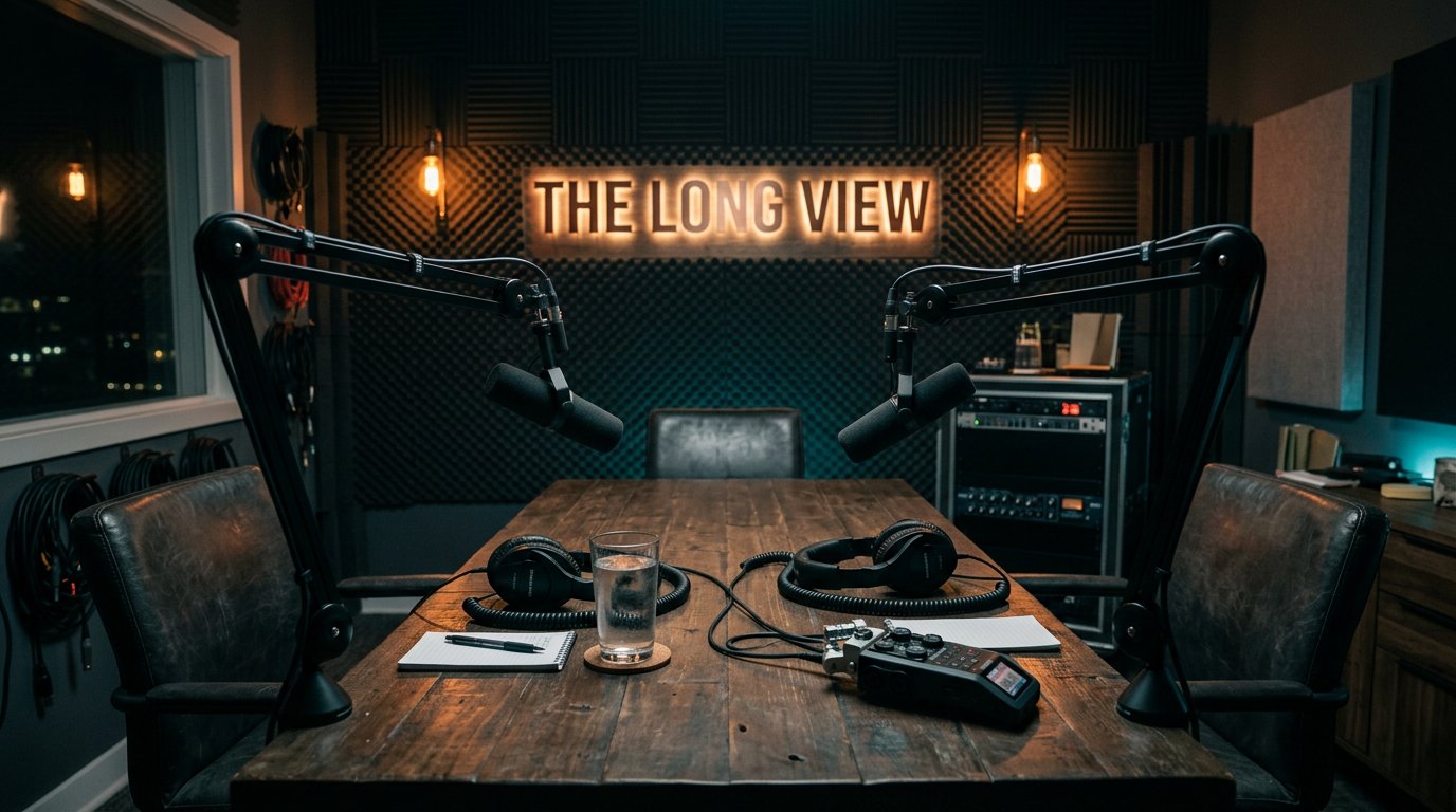 Studio di registrazione del podcast The Long View, tavolo in legno e due microfoni